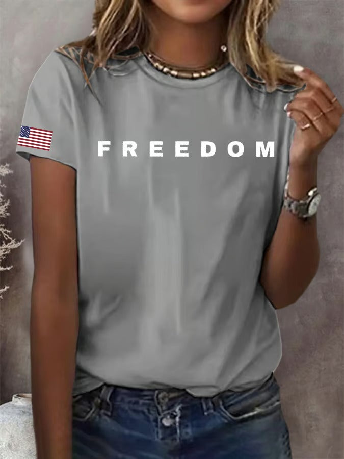 Women's Freedom American Flag Print Casual T-shirt