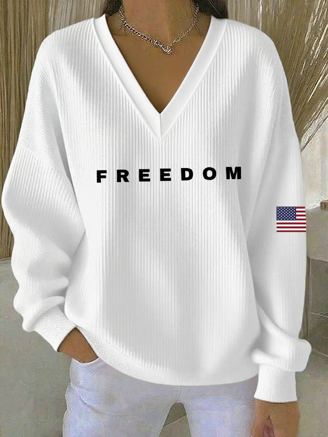 Women's Print Knit V Neck Long Sleeve Top