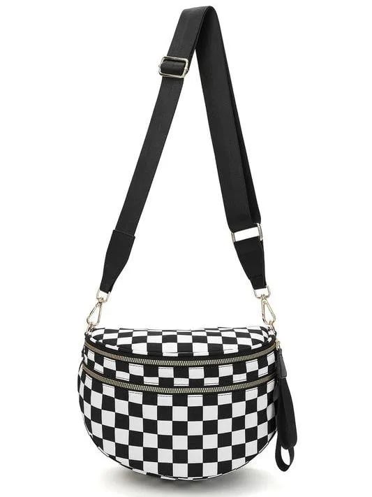 Checked In Oversize Double Zip Checkered Crescent Sling Bag