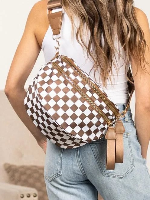 Checked In Oversize Double Zip Checkered Crescent Sling Bag