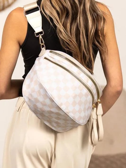 Checked In Oversize Double Zip Checkered Crescent Sling Bag