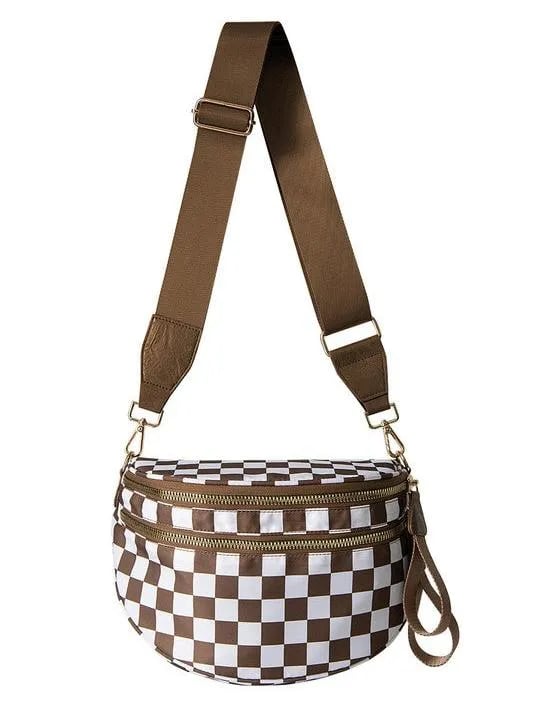 Checked In Oversize Double Zip Checkered Crescent Sling Bag