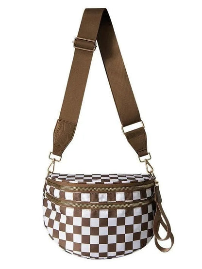 Checked In Oversize Double Zip Checkered Crescent Sling Bag
