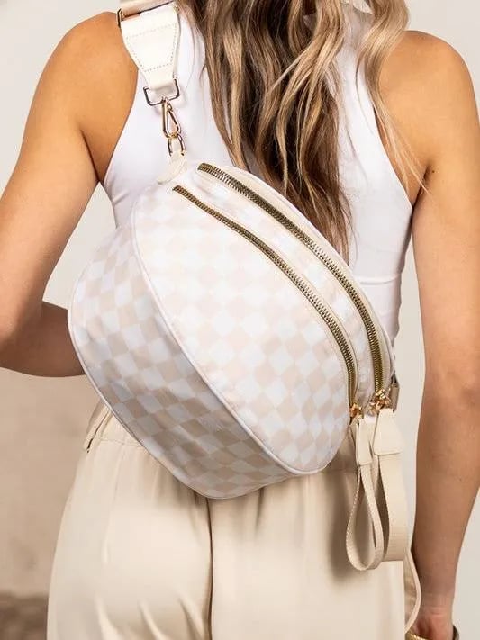 Checked In Oversize Double Zip Checkered Crescent Sling Bag