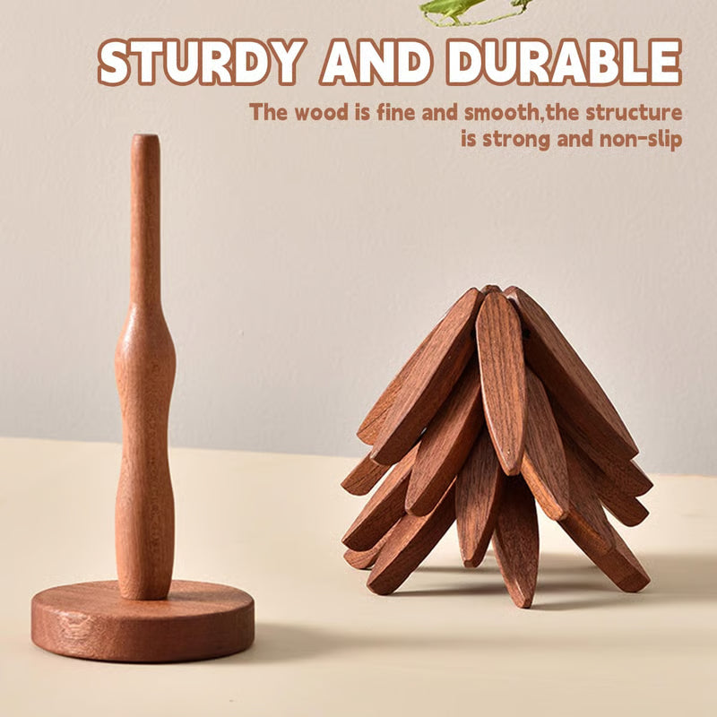 Natural Wood Trivet Set – 4 Pieces with Tree Stand