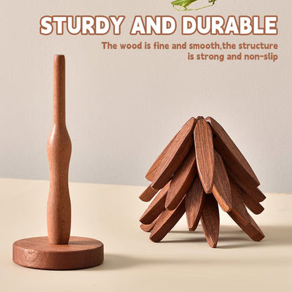 Natural Wood Trivet Set – 4 Pieces with Tree Stand