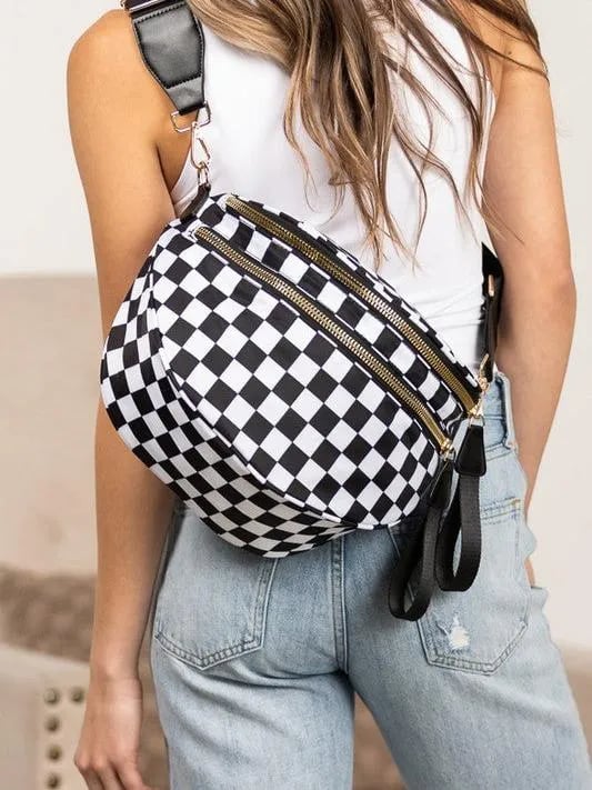 Checked In Oversize Double Zip Checkered Crescent Sling Bag