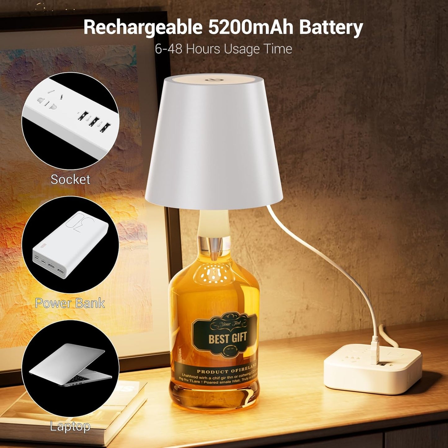 Wireless Bottle Lamp – 3-Color Rechargeable Touch Light