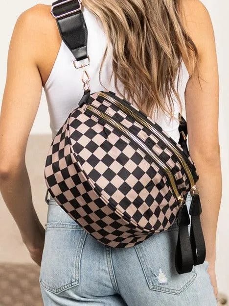 Checked In Oversize Double Zip Checkered Crescent Sling Bag