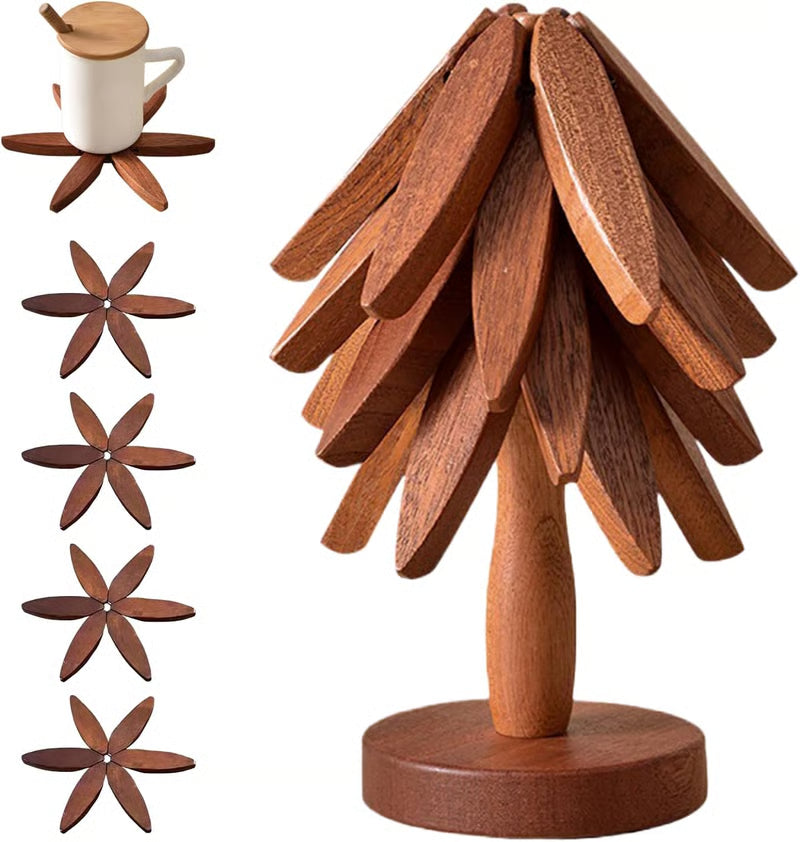 Natural Wood Trivet Set – 4 Pieces with Tree Stand