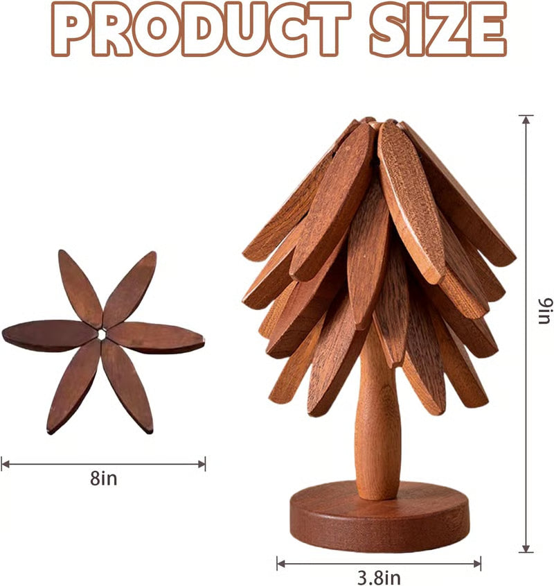 Natural Wood Trivet Set – 4 Pieces with Tree Stand