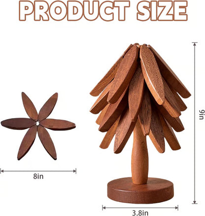 Natural Wood Trivet Set – 4 Pieces with Tree Stand