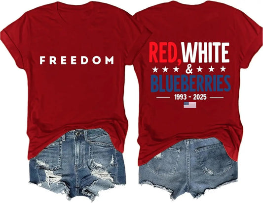 Women's Red White And Blueberries Print Crew Neck T-shirt