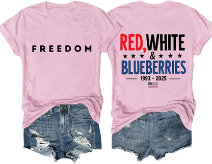 Women's Red White And Blueberries Print Crew Neck T-shirt