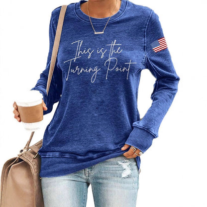 Women's American Flag Print Crew Neck Long Sleeve Top