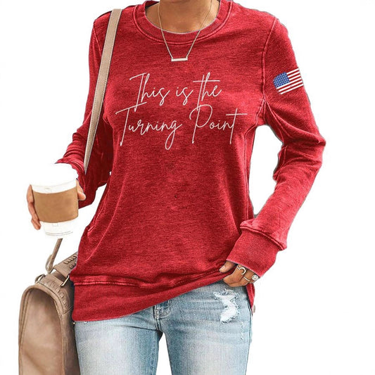 Women's American Flag Print Crew Neck Long Sleeve Top