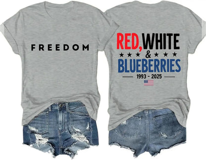 Women's Red White And Blueberries Print Crew Neck T-shirt