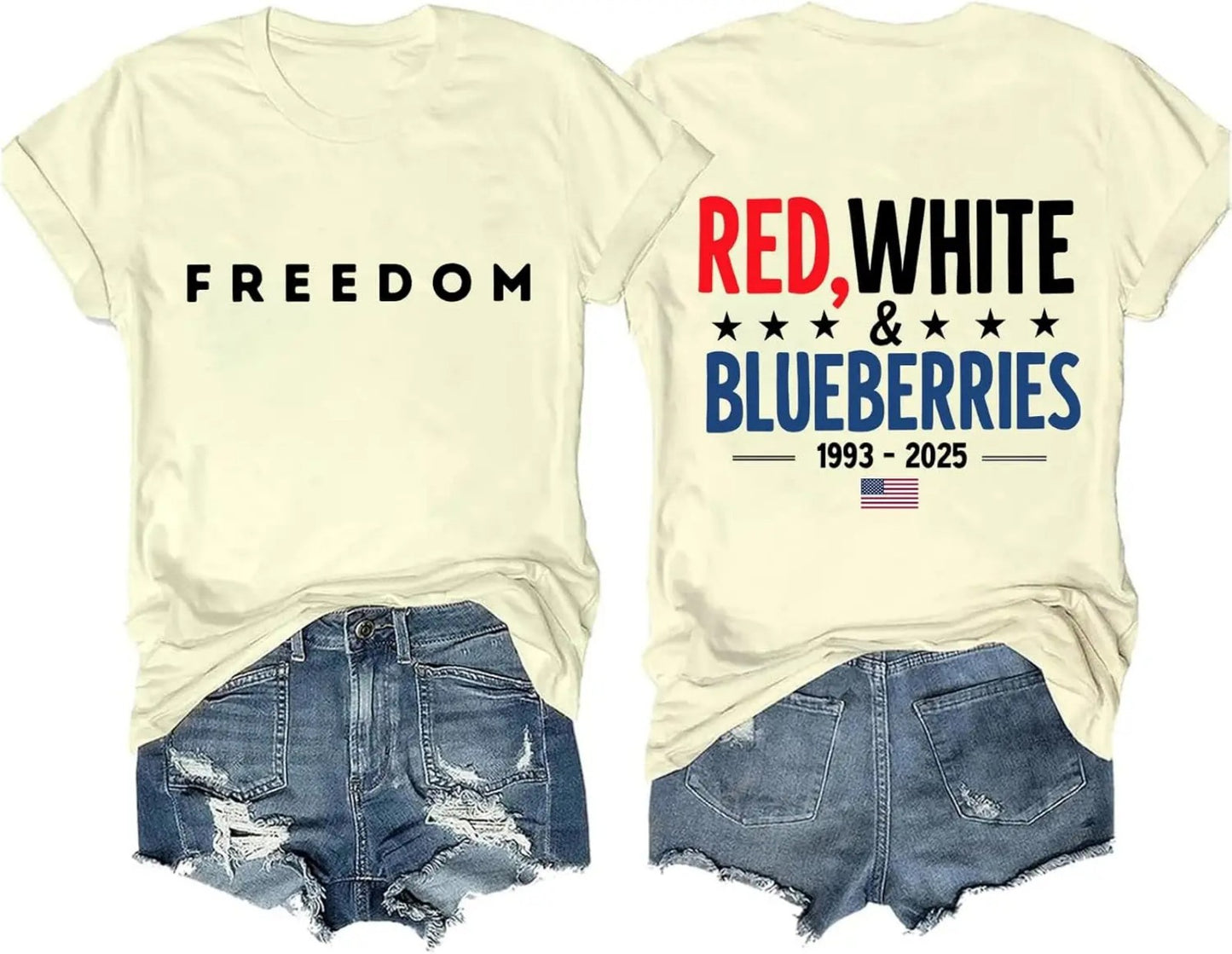 Women's Red White And Blueberries Print Crew Neck T-shirt