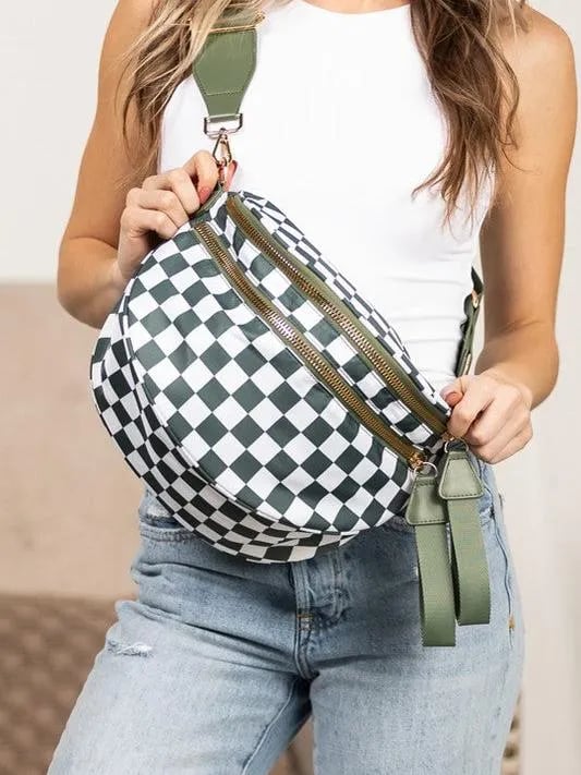 Checked In Oversize Double Zip Checkered Crescent Sling Bag