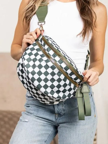 Checked In Oversize Double Zip Checkered Crescent Sling Bag