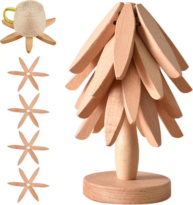 Natural Wood Trivet Set – 4 Pieces with Tree Stand