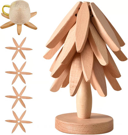 Natural Wood Trivet Set – 4 Pieces with Tree Stand