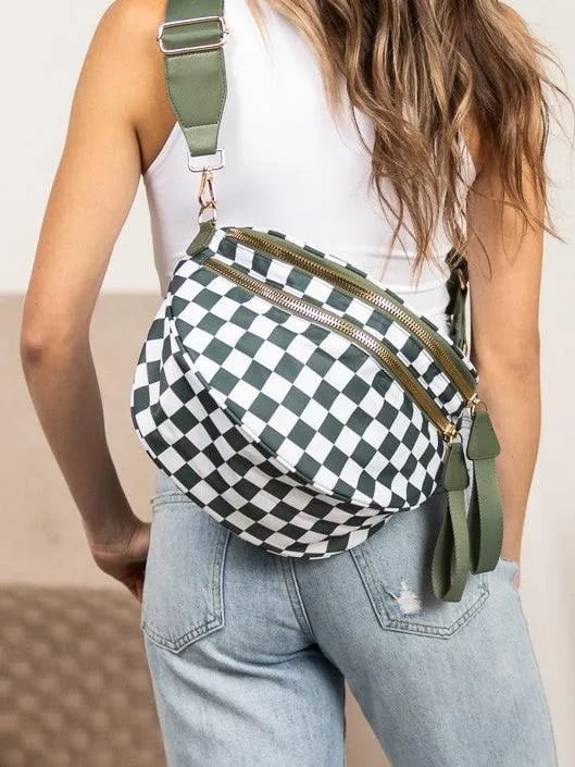 Checked In Oversize Double Zip Checkered Crescent Sling Bag