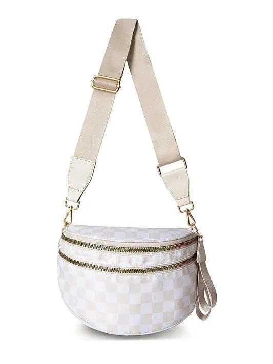 Checked In Oversize Double Zip Checkered Crescent Sling Bag
