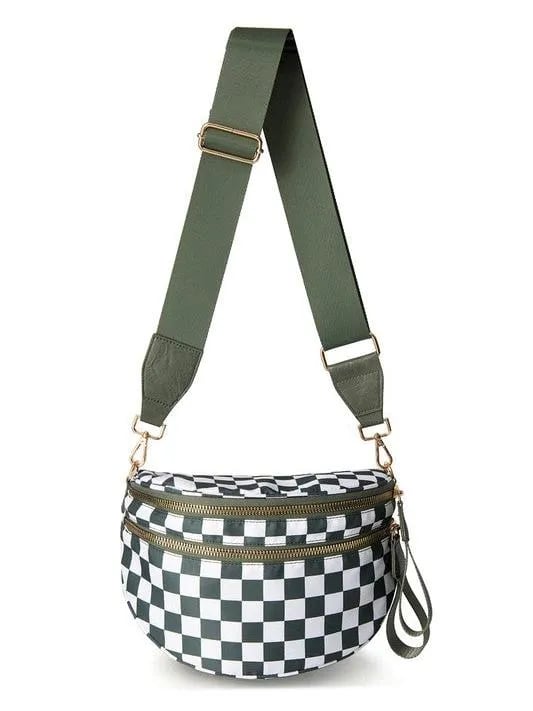 Checked In Oversize Double Zip Checkered Crescent Sling Bag