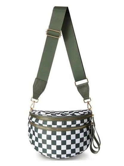 Checked In Oversize Double Zip Checkered Crescent Sling Bag