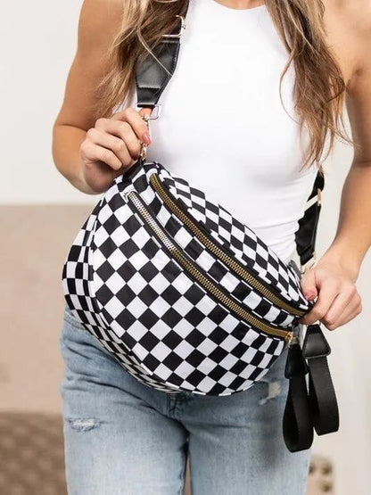 Checked In Oversize Double Zip Checkered Crescent Sling Bag