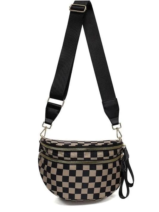 Checked In Oversize Double Zip Checkered Crescent Sling Bag