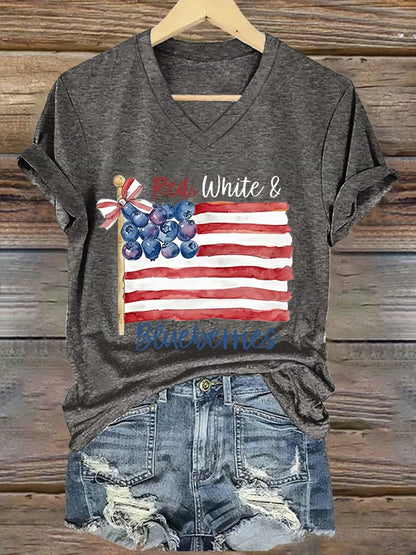 Women's Red White And Blueberries Print V Neck T-shirt
