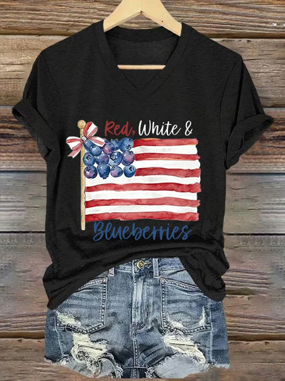 Women's Red White And Blueberries Print V Neck T-shirt