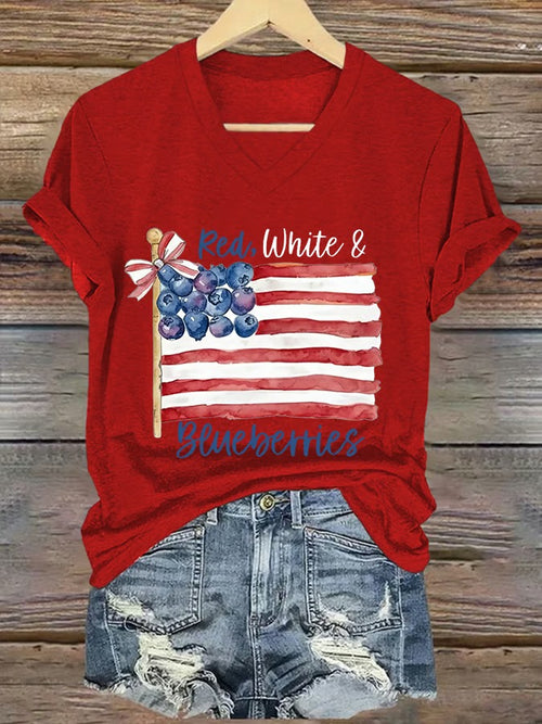 Women's Red White And Blueberries Print V Neck T-shirt