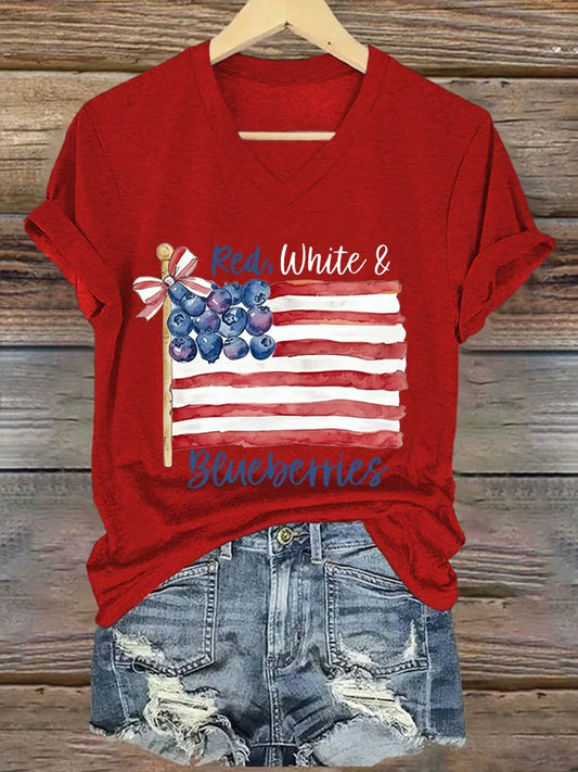 Women's Red White And Blueberries Print V Neck T-shirt