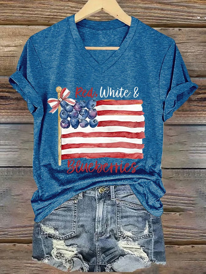 Women's Red White And Blueberries Print V Neck T-shirt