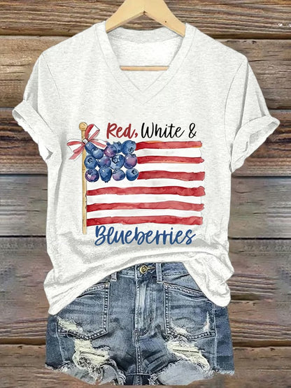 Women's Red White And Blueberries Print V Neck T-shirt